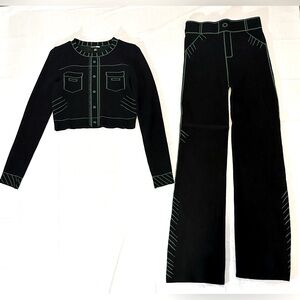 Fashion Nova Black Knit Crop Cardigan & Wide-Leg Pants Set with Green Trim